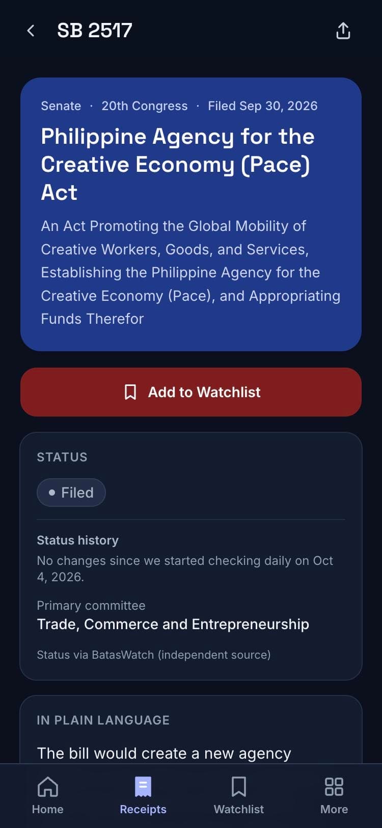 Bill detail. Status, committee, a plain-language summary, and one tap to follow it.