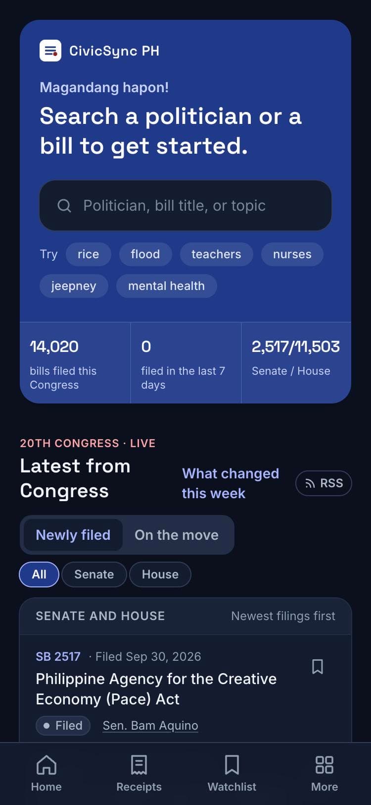 Home. Search a lawmaker, bill or topic, plus a live feed of what Congress filed this week.