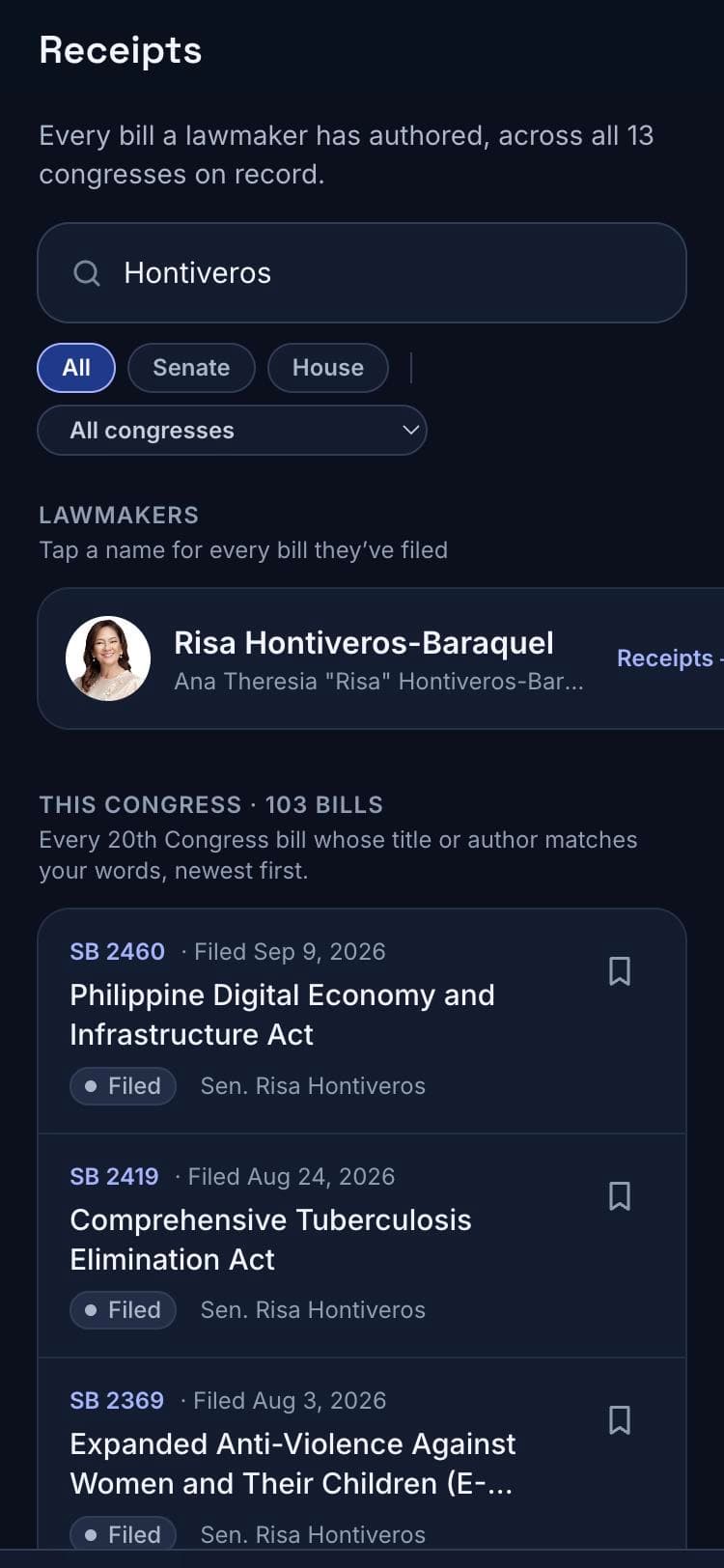 Receipts. Every bill a lawmaker has authored, across 13 congresses.